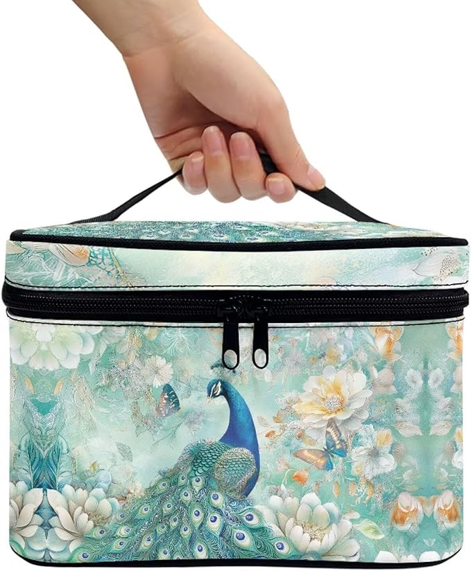 Peacock Butterfly Peony Flower Print Travel Makeup Bags for Women Portable Tote Cosmetic Case with Carry Handle Toiletry Accessories Storage Organizer Bags