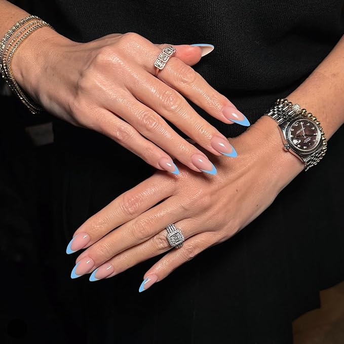 30Pcs Sky Blue French Tip Press on Nails Short Almond Nails Press ons, Short Fake Nails Almond Shaped Acrylic French Glue on Nails False Nail for Women, Natural Stiletto Nail 15 Sizes