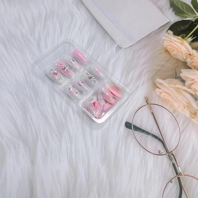 24Pcs Handmade Press On Nails Fake Nails with 3D Diamond Designs French Press on Bow False Nail Full Cover Rhinestones Love Stick on Nails For Women Medium Almond Nail Tips Set