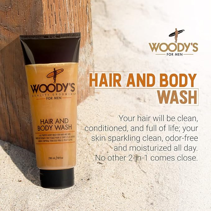 Woody's Hair and Body Wash for Men – 2-in-1 Cleanser & Body Wash, Deep Cleansing, Hydrating, Refreshing Scent, Sulfate-Free, 10 fl oz, 1 Pack