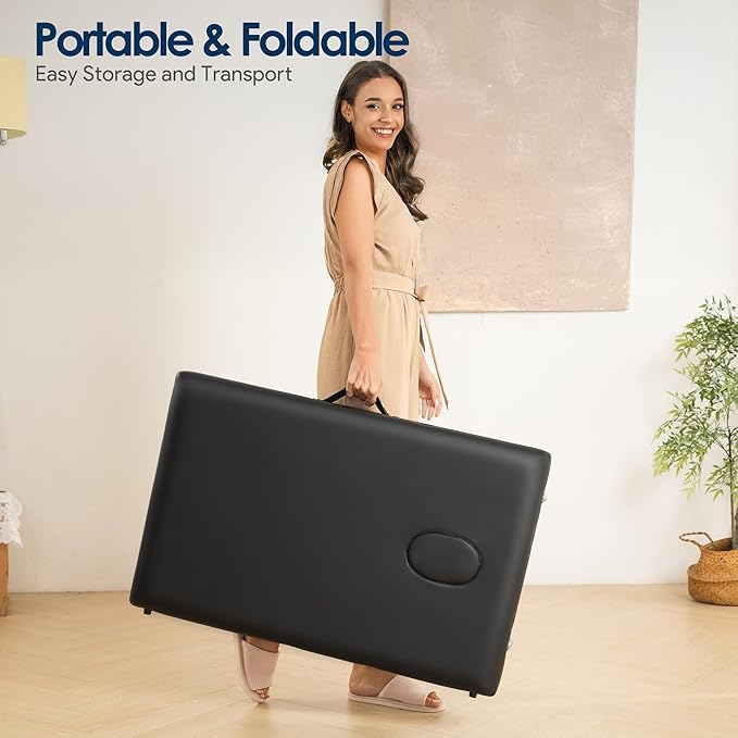 Brelley Massage Table Portable Wooden Lash Bed 24" Wide Adjustable Height 2-Fold Spa Table Foldable Tattoo Bed (Black)