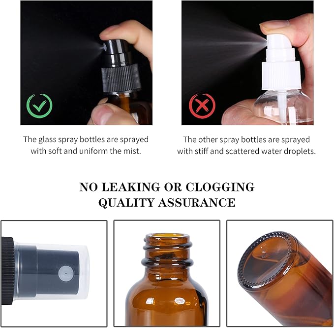2oz Glass Spray Bottle, Fine Mist Boston Glass Bottles with Black Fine Mist Sprayer Small Clear Bottles for Essential Oils, Bath, Beauty, Hair & Cleaning, Amber, Pack of 24