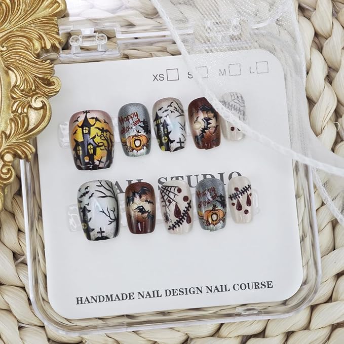 30 Pcs Short Oval Press on Nails Glitter Fake Nails Cartoon Bat Spider Web Pumpkin Blood Drop Graffiti Designs Full Cover Cute Stick on Nails Halloween False Nails for Women Acrylic Nail Salon DIY