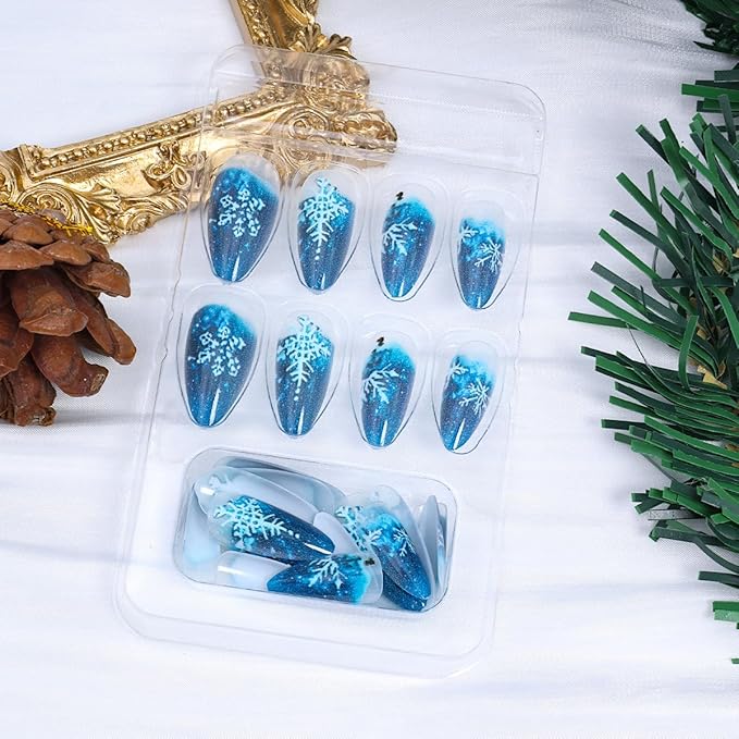 Snowflake Press on Nails Medium Almond Fake Nails Gradient Blue Full Cover Winter False Nails Christmas Glue on Nails White Snow Artificial Acrylic Nail for Women DIY Christmas Nails Decoration 24Pcs