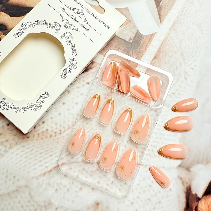 Gold French Tip Press on Nails Almond Medium Length Fake Nails with Star Designs Glossy Nude False Nails Full Cover Glue on Nails Gold Acrylic Nails Press on French Nails for Women Manicure 24Pcs