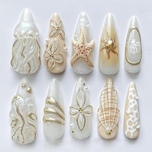 30Pcs Summer Beach Press on Nails Medium Almond Gold Fake Nails with 3D Pearl Seashell Designs Stick on Nail Cute Starfish False Nails Ocean Theme Glue on Nail Acrylic Nails for Women Manicure DIY