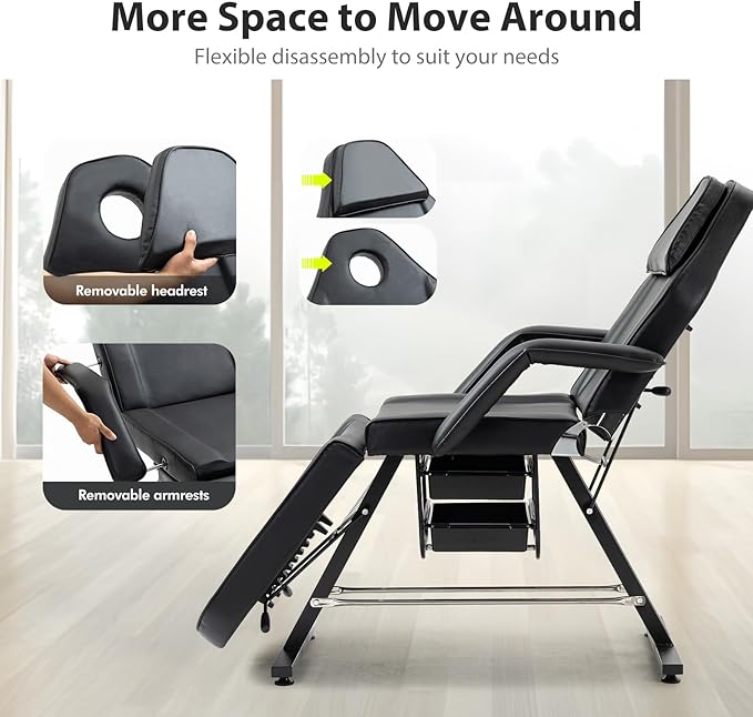 Esthetician Bed for Facial Tattoo Chair with Two Trays Adjustable Folding Salon Bed with Hydraulic Stool Massage Bed for Professional Massage Facial Lash Beauty Treatment Spa, Black