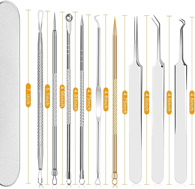 10 Pcs Acssart Blackhead Remover Tools, Acssart Stainless Steel Blackhead Remover Kit, Pimple Popper Tool Kit, Blackhead Tweezers with 15x Magnifying Glass, Metal Case