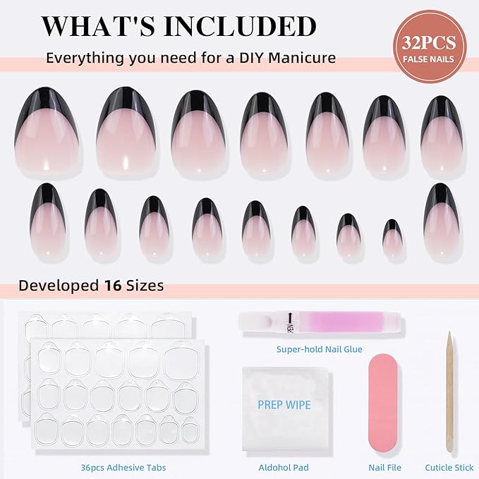 French Tip Press on Nails, Short Press on Nails Almond Reusable Glossy Soft Gel False Nails Black Press ons for Women, 16 Sizes 32 Count Nails Kit with Glue (SV-02)