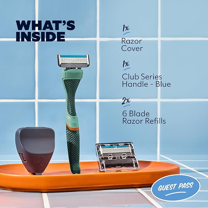 Dollar Shave Club | The Guest Pass Shave Set | 2 Extra Close Refill Cartridges, 1 Handle (Green), 1 Razor Cover