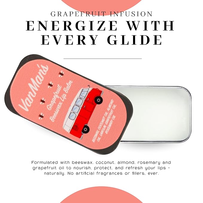 VanMan Beeswax Lip Balm Tin – Organic Beeswax with Coconut and Sweet Almond Oils, Lanolin, and Grapefruit Oil – Hydrating Moisturizer for Dry Lips – Grapefruit – 3 Tin Pack