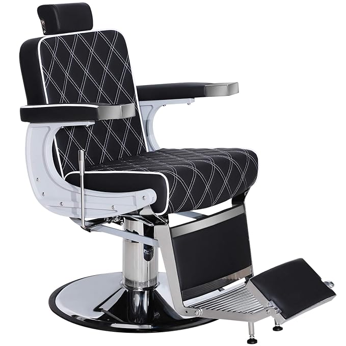 BarberPub Heavy Duty Metal Vintage Barber Chair All Purpose Hydraulic Recline Salon Beauty Spa Shampoo Equipment 3825 (Black with White Stitches)