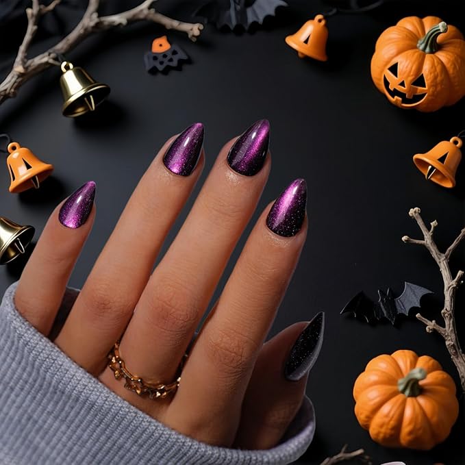 KQueenest Cat Eye Press On Nails Short Almond, Acrylic Press On Nails with Glue, Sparkle Purple Black Fake Nails Stiletto, Soft Gel Glue On Nails for Woman, Long-Lasting Glitter Effect, 30 Pcs