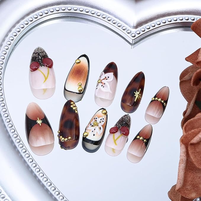 24Pcs Fall French Tip Press on Nails Medium Almond Fake Nails 3D Handmade False Nails Gold Beads Design Fall Flower Acrylic Nail Cherry Star Gems Cute Glue on Nails for Autumn Winter Manicure