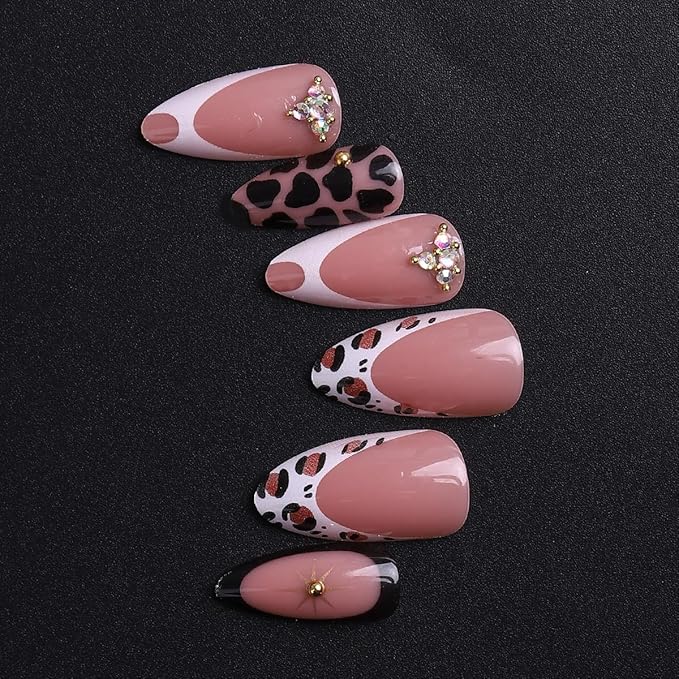 24Pcs French Tip Press on Nails Medium Almond Fake Nails with 3D Rhinestones Designs Fall False Nails Artificial Star Gems Glue on Nail Leopard Print Full Cover French Acrylic Nails for Women