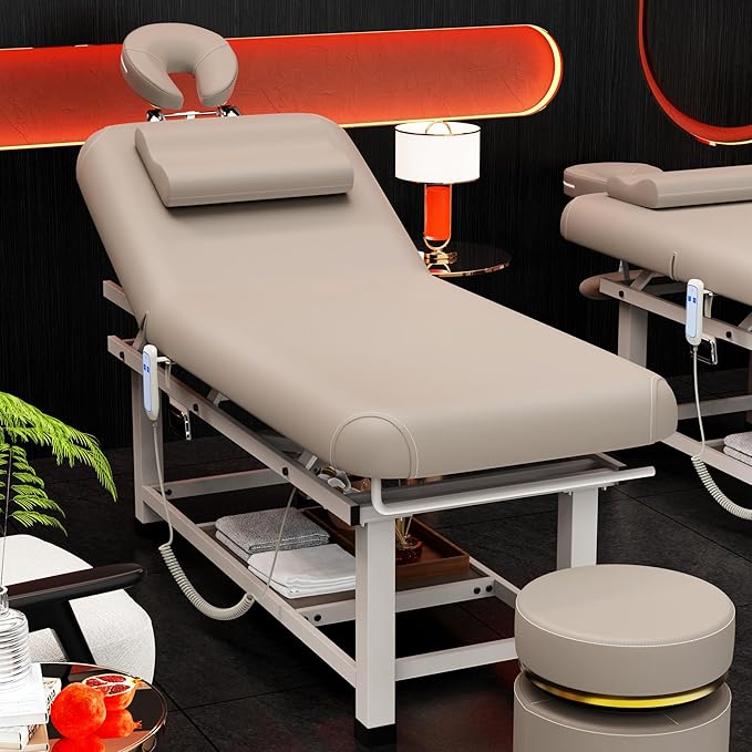 pouseayar Heavy Duty Electric Stationary Massage Table with Backrest Adjustable and Storage Space for Treatment/Medical Spa/Facial/Beauty/Massage Bed and More - 30 x 75 - Beige Gray