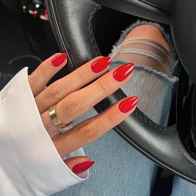 Red Short Almond Fake Nails Press ons, Short False Thick Solid Color Glue on Nails, Medium Almond Oval Round Shaped Nails for Women, 24Pcs Natural Acrylic Gel Nails