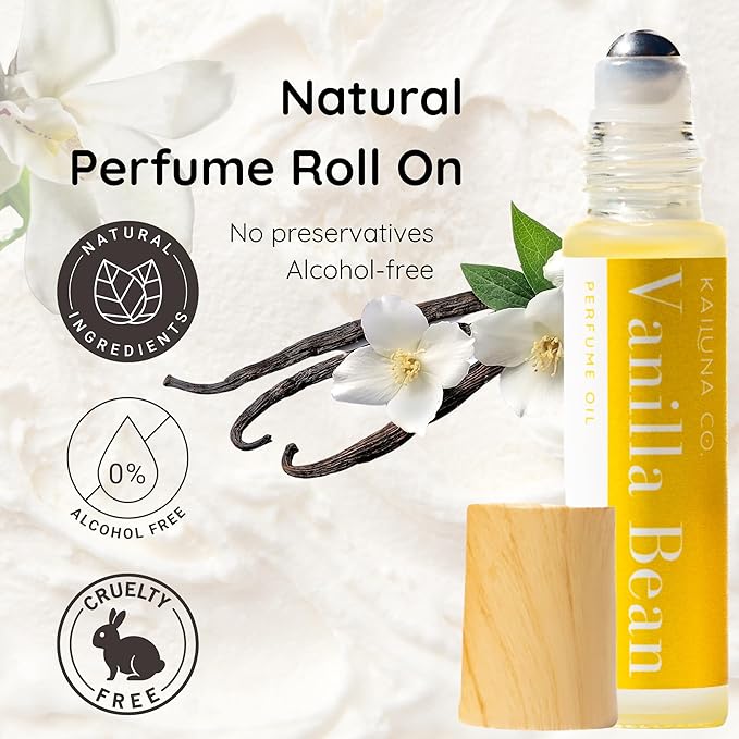 Vanilla Bean Delicious Pure Essential and Fragrance Oil Perfume Roll On with Organic Jojoba Oil, Alcohol Free, Small-Batch, Made in California, 0.34 Fl Oz