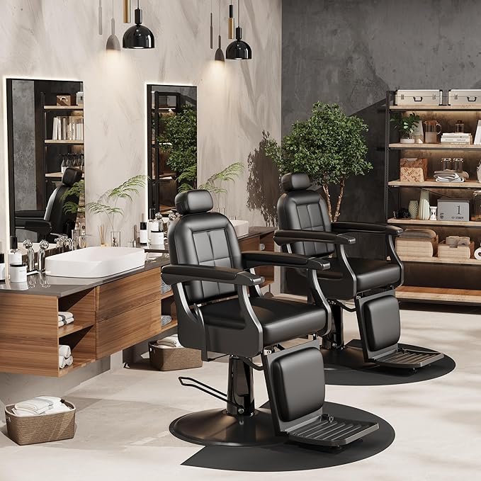 Baasha Black Heavy-Duty Barber Chair, Reclining Professional Salon Chair with Adjustable Headrest & Comfort Padding, 550 lbs Capacity