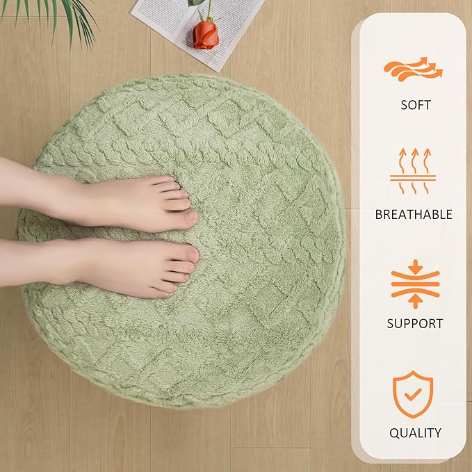 Round Stuffed Pouf Ottoman for Foot Rest, Faux Fur Poufs with Foam Chunk Filling, Storage Ottoman Pouf Foot Stool Cushion, 20 X 15 InchFloor Poufs Foot Rest for Living Room Bedroom Home Decor (Green)