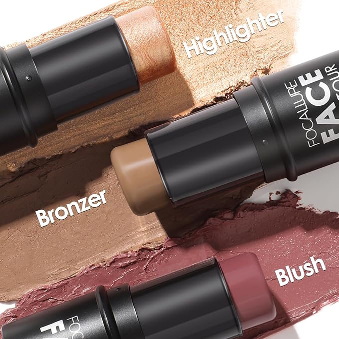 FOCALLURE 3PCS Cream Contour Stick - Highlighter Bronzer Blush Set for Face Sculpting, Non-Greasy Longwear Makeup, Easy to Blend with Natural Matte Finish,SET 6