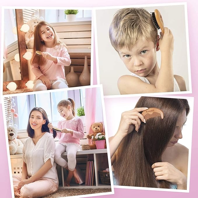 Hair Brush Set - Boar Bristle for Women Men Kids All Hair Types, Detangling & Smoothing, Regular & Small Travel Brush, Wooden Comb, Travel Bag, Spa Headband, Cleaner Included