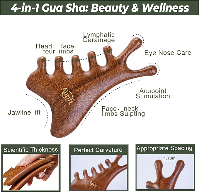 Wooden Gua Sha Tool & Massage Comb Set - 4-in-1 Face Gua Sha and Scalp Massager for Relaxation, Jawline Sculpting & Body Massage, Natural Self-Care Beauty Gift Set for Women, King Wood