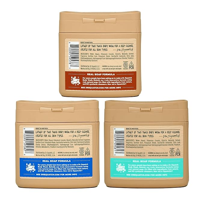 Dr. Squatch NEW Body Wash for Men with Nourishing, Natural Ingredients | No Paraben, Phthalate, Sulfate | All Day Moisturization | Wood Barrel Bourbon, Fresh Falls & Coconut Castaway (8 oz, 3-Pack)