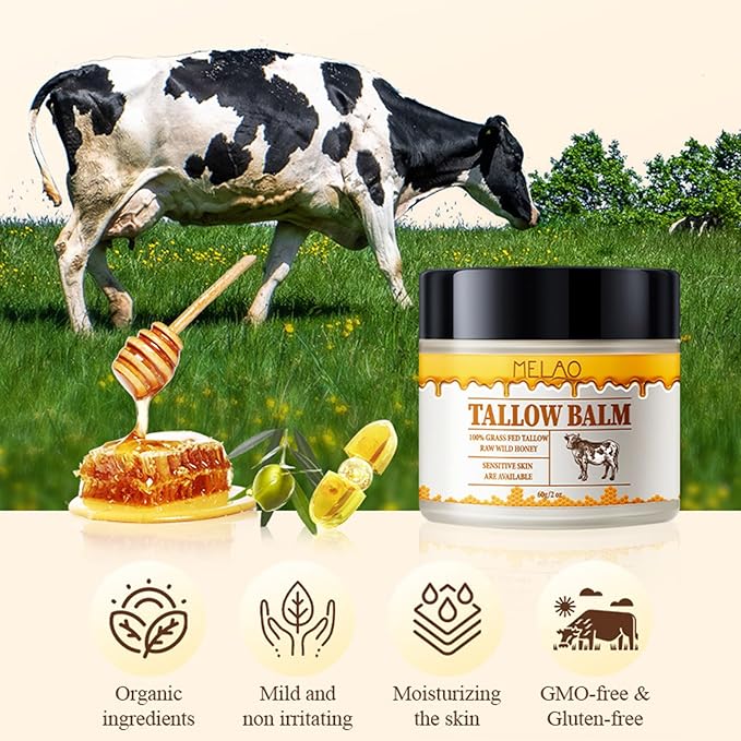 Whipped Beef Tallow and Honey Balm, Grass Fed Grass Finished Face Cream for All Skin Types - Grass-Fed Beef Tallow & Raw Wild Honey Blend - All-Natural Moisturizer for Face & Body, 2 OZ