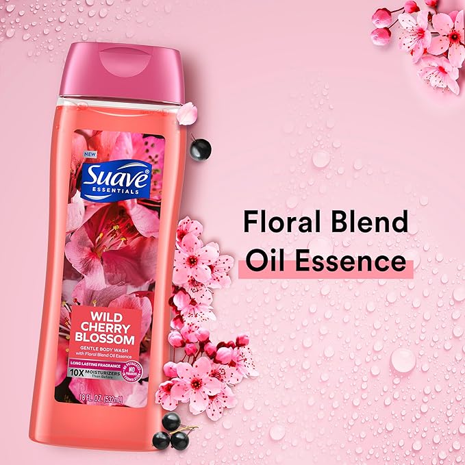 Suave Moisturizing Body Wash, with Wild Cherry Blossom and Vitamin E Extract, No Parabens, No Phtahaltes, 18 Oz Pack of 6