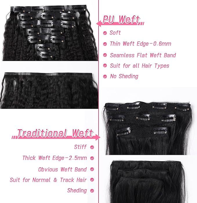 Essent Seamless Kinky Straight Clip in Hair Extensions Real Human Hair 18 Inch 7Pcs 130g Kinky Clip Ins Full Head Brazilian Remy Hair Extensions for Women Natural Black Double Weft Clip In