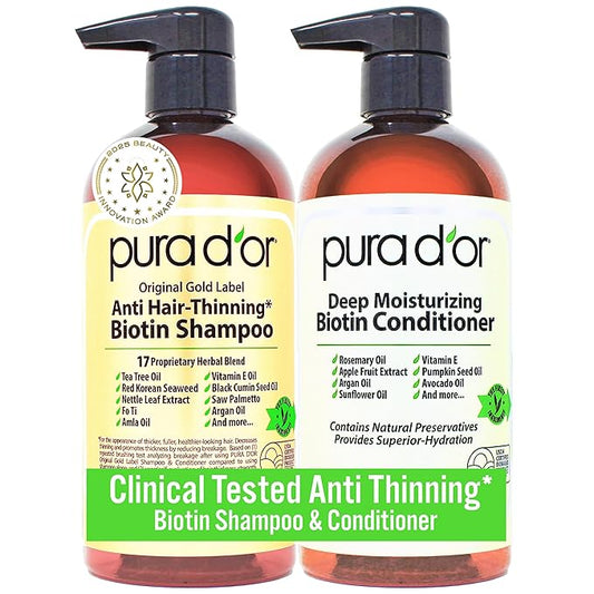 PURA D'OR Anti-Thinning Biotin Shampoo & Conditioner Gold Label Set (16oz x2) Natural Botanical Scent – CLINICALLY TESTED Stronger-Feeling, Thicker-Looking Hair, Volume & Less Breakage – Men & Women