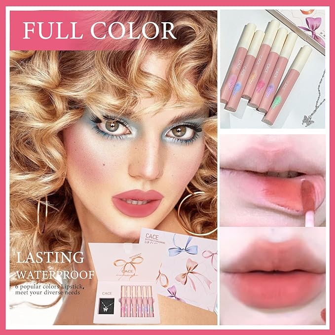 Makeup Set for Women, Lipstick Gift Box Set Include 6Pcs Matte Liquid Lipstick and a Butterfly Necklace, Easy to Match with Different Makeup looks, Christmas Makeup Set Gift for Girls-01