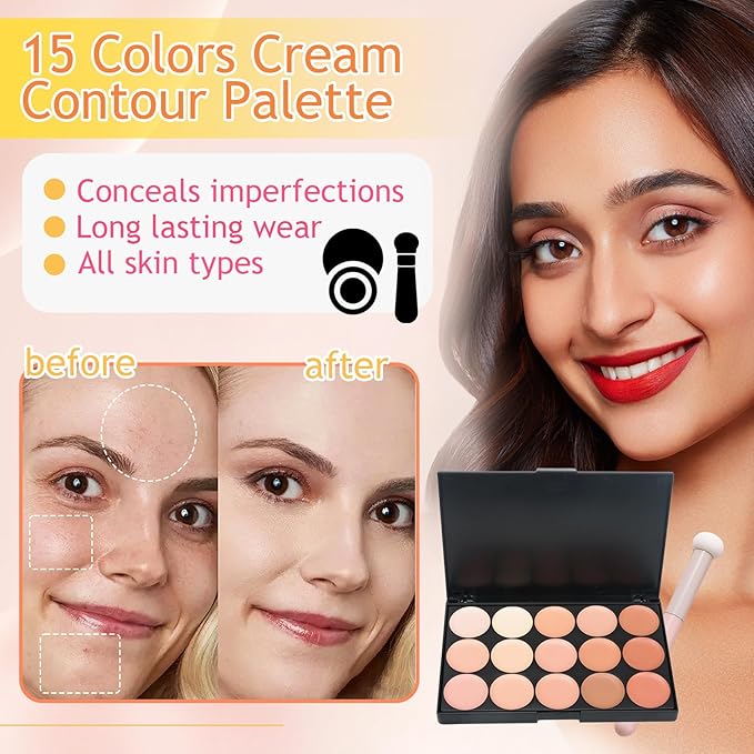 15 Colors Cream Contour Palette,Lightweight Concealer Full Coverage
