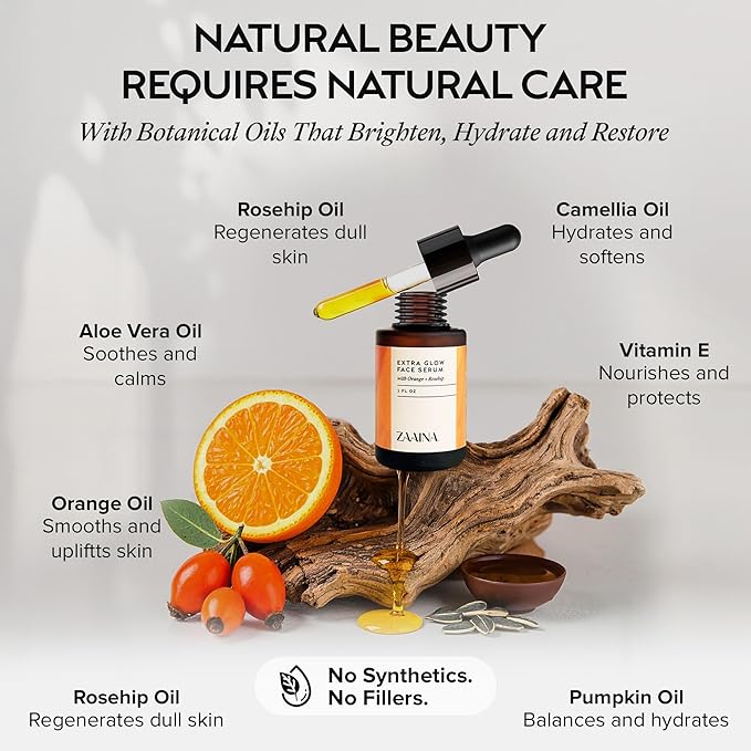 ZAAINA Extra Glow Face Serum - Natural Hydrating Glow Face Oil, Moisturizing Lightweight Oil for Dry, Dull & Sensitive Skin, Ayurvedic Moisturizer & Natural Primer for Makeup for all Skin Types - 1 oz