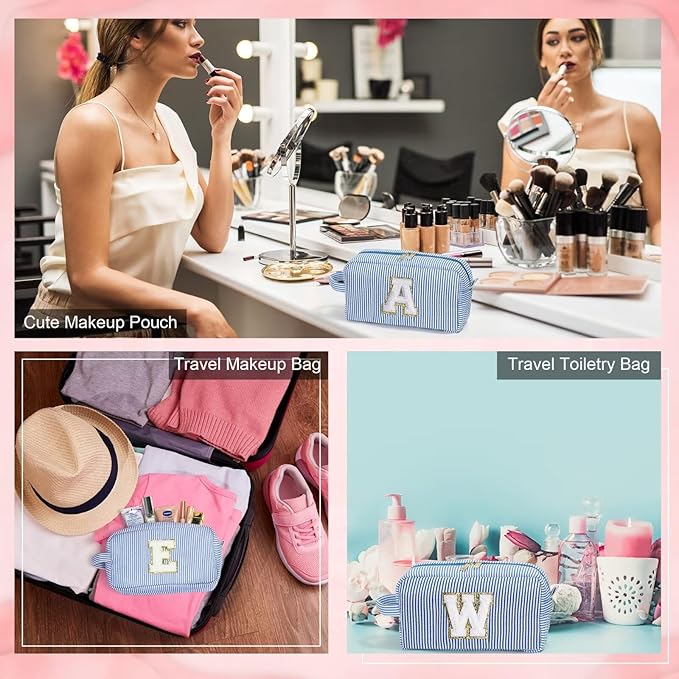 YOOLIFE Initial Makeup Bag for Women - Monogram Cute Blue Makeup Bags Cosmetic Toiletry Pouch Make Up Case for Women Her Best Friend Friendship Sister Teacher, Personalized Birthday Gifts for Women J
