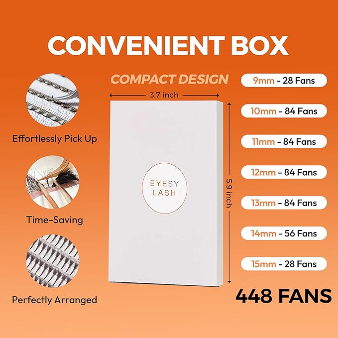 Eyesy Lash 448 Narrow Promade Fans - 10D 0.07mm Thickness C Curl 9-15mm Mixed Lengths - Mega Volume Eyelash Extension Long Stem Narrow Premade Lash Fans Fluffy Pre Made Eyelash Extension Trays
