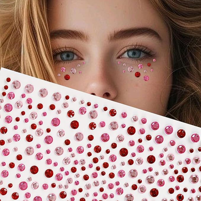 975Pcs Face Gems Hair Gems, Self-Adhesive Face Jewels Eye Jewels Rhinestones 3/4/5/6 mm DIY Face Gems Stick on, Hair Body Rhinestones Gems Crystals Pearls for Face Makeup, Crafts (gem_red+Pink+Rose)