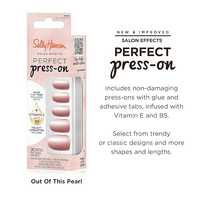 Sally Hansen Salon Effects Perfect Press-On Nails | Oval Shape | Easy to Apply, Non-Damaging | 30 Nails, Nail Glue, Adhesive Tabs, File | Out of This Pearl