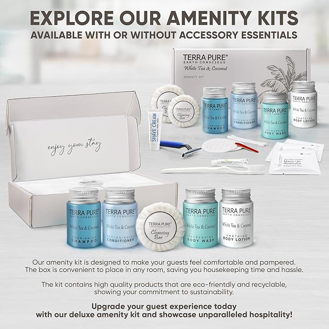 Terra Pure White Tea & Coconut Amenity Kit | Hotel Bulk Toiletries | 1 oz Shampoo, Conditioner, Lotion, Body Wash, Cleansing Bar for Guest Hospitality Vacation Rentals | 60 Sets/Case