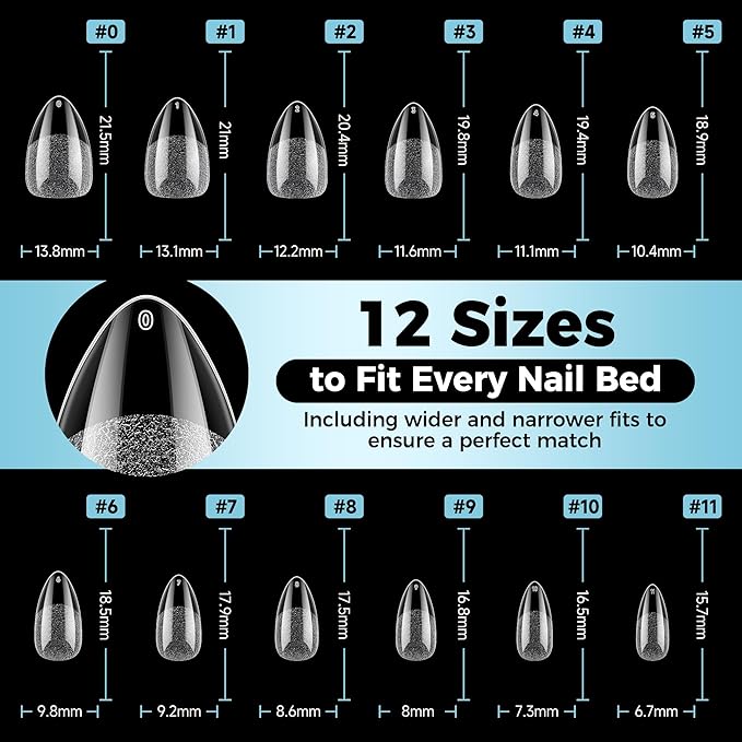 Short Almond Gel Nail Tips 360Pcs, Pre Etched Nail Tips Almond Shape Full Cover Soft Gel Fake Nails for Nails Extension DIY Art Salon 12 Sizes