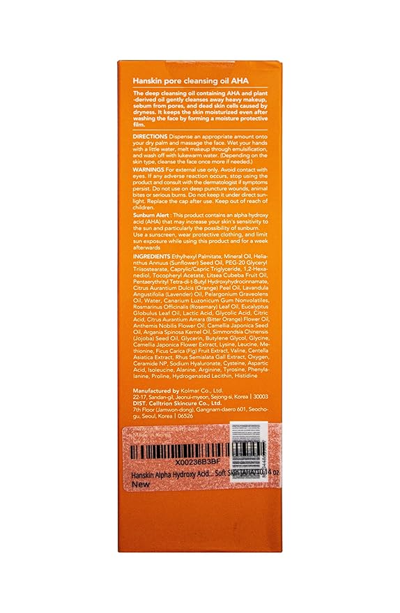 Hanskin AHA Pore Cleansing Oil for Dry Skin, Exfoliating, Waterproof Makeup Sebum Remover Facial Oil Cleanser for Face, Moisturizing for Soft Skin, Korean Skincare [AHA/10.14 oz.]