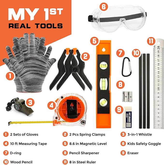 INCLY 18PCS Real Tool Set with Reinforced Belt, Adjustable Waist 20"-32", Real Hand Tools Kit Construction Learning Tools Hammer Screwdriver for Home DIY Building & Woodworking