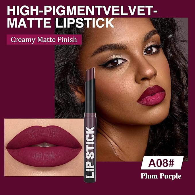 Plum Purple Matte Lipstick，Creamy Silky Matte+Lipsticks，Hydrating Balm-in-Lipstick，Velvety Finish for Women Daily Lip Makeup，High-pigment Formula，Easy to use and color，Vegan & Cruelty-Free 08#
