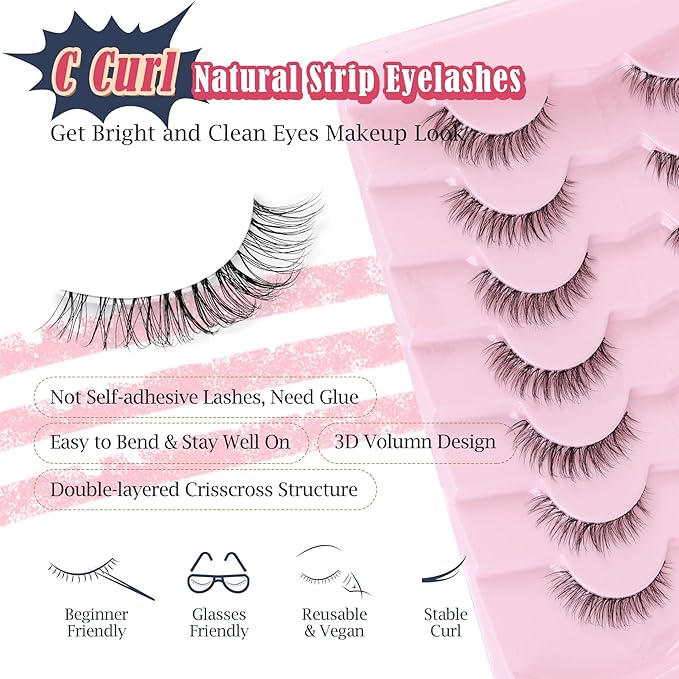 Natural Lashes False 11mm Short Eyelashes Wispy C Curl Eye Lashes Pack with Thin Cotton Band Fake Eyelash 3D Volume For Daily Siligli Lash 7 Pair