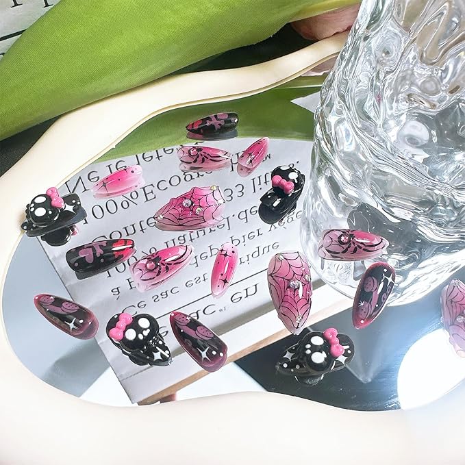 30 Pcs Halloween Press on Nails Medium Almond Fake Nails with 3D Skull Spider Web Rhinestones Designs Spider False Nail Tips Ghost Acrylic Nails Black Pink Full Cover Glue on Nails for Women