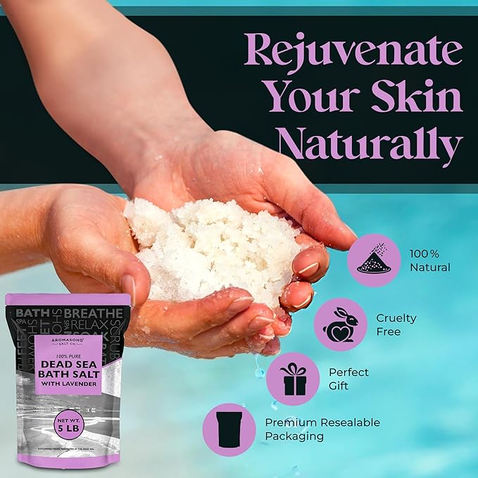 Aromasong Pure Dead Sea Salt for Soaking with 100% Natural Lavender, 5 LB - Spa Bath Salt Fine Grain - Body Wash Scrub - Soak for Women & Men- Bulk Resealable Pack (Packaging May Vary)