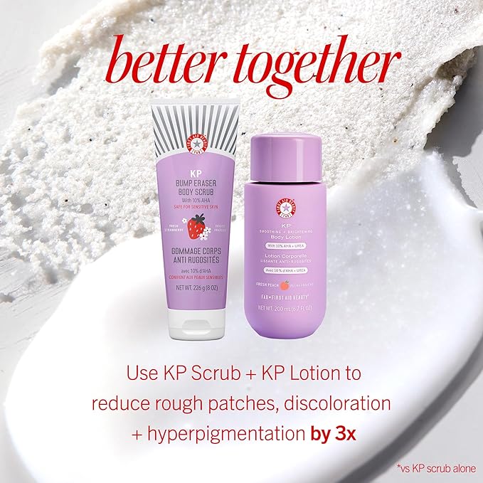 First Aid Beauty - KP Bump Eraser Body Scrub with 10% AHA, Keratosis Pilaris Exfoliator with Glycolic and Lactic acids, Helps Reduce Chicken Skin Bumps, Safe for Sensitive Skin, Strawberry Scent, 8 oz