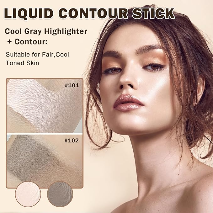Cool Toned Contour Stick and Liquid Highlighter Makeup Stick,Lightweight Liquid Contour,Grey Cream Bronzer for Sculpted Look,Hydrating and Nourishing (Cool Tone Contour + Highlight)