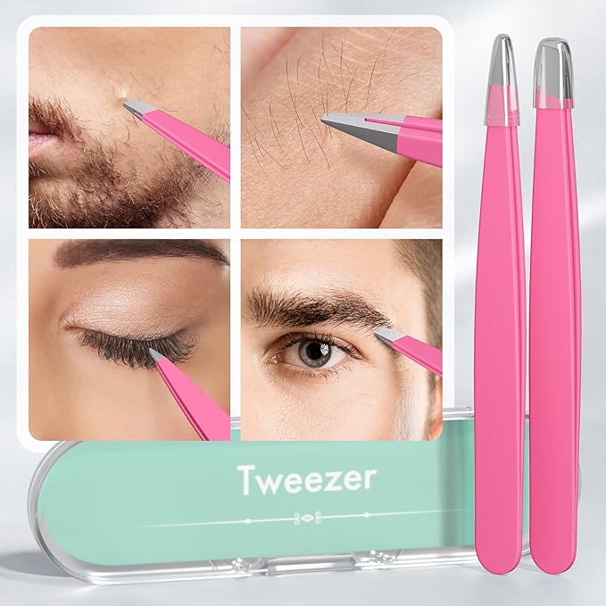 Tweezers for Women Facial Hair, Slant & Pointed Tweezers for Eyebrows, Ingrown Hair, Splinter Removal, 2 Pack Tweezer Set, Professional Stainless Steel Eyebrow Tweezers for Men and Women, Pink